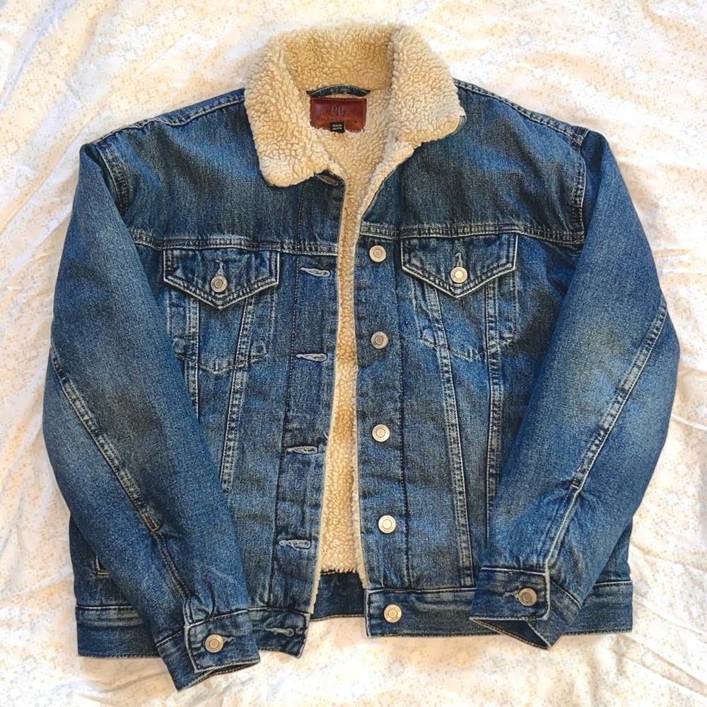 Lauren Ralph Lauren Women’s Trucker Jacket Blue Denim Faux Shearling Medium